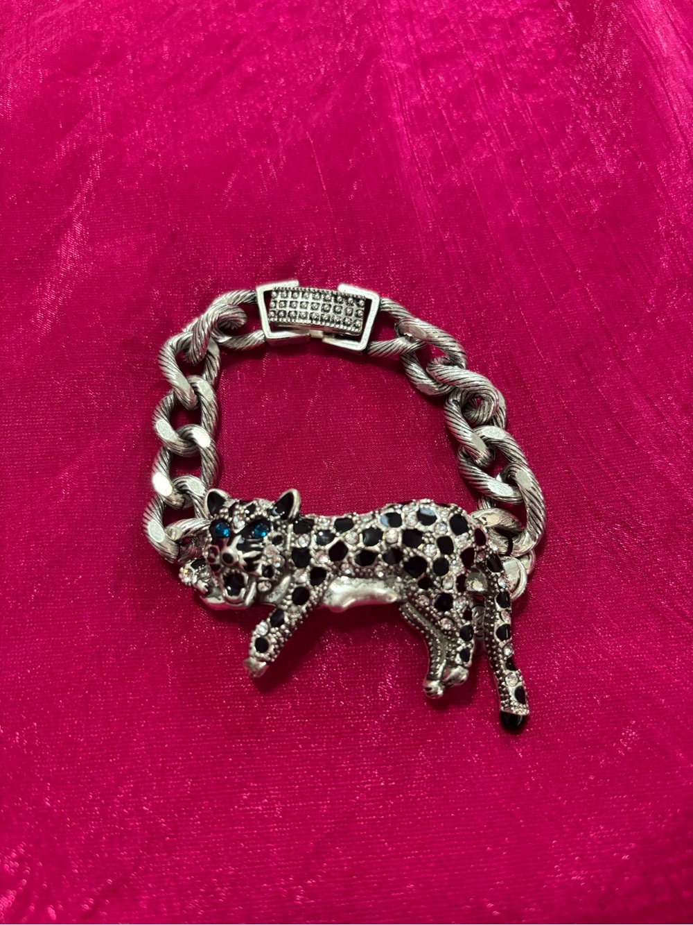Betsey Johnson Silver tone crystal pave leopard chain bracelet.
